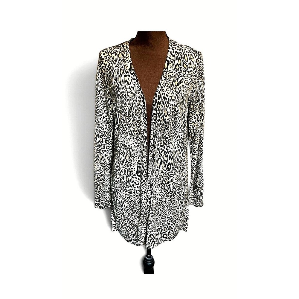 Chico's Cheetah Print Sweater Cardigan Size M/8 Lightweight Long Sleeves Stretch